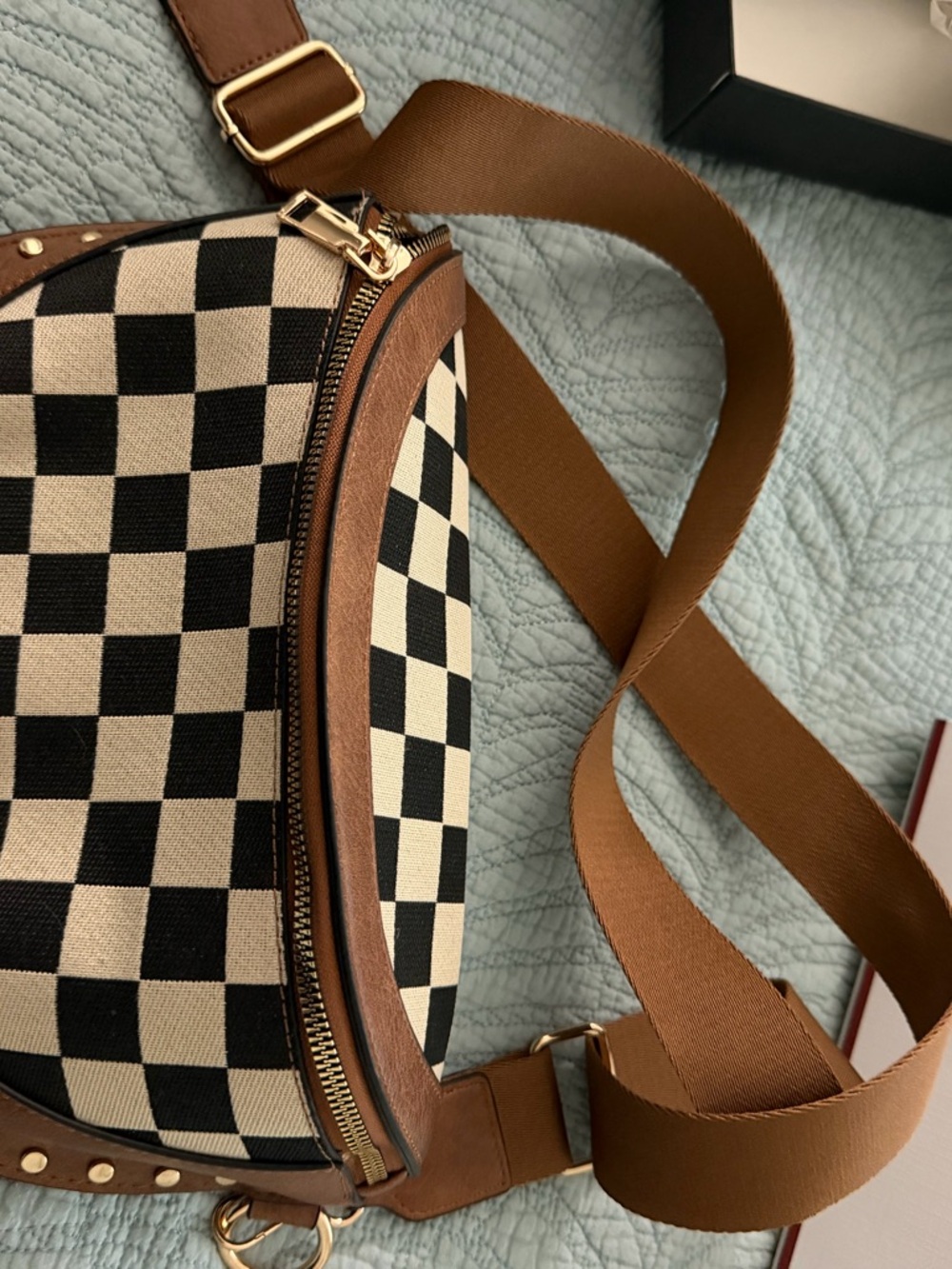 Canvas Checkerboard Crossbody Bag in Black and Cream - Brown Trim belt bag too